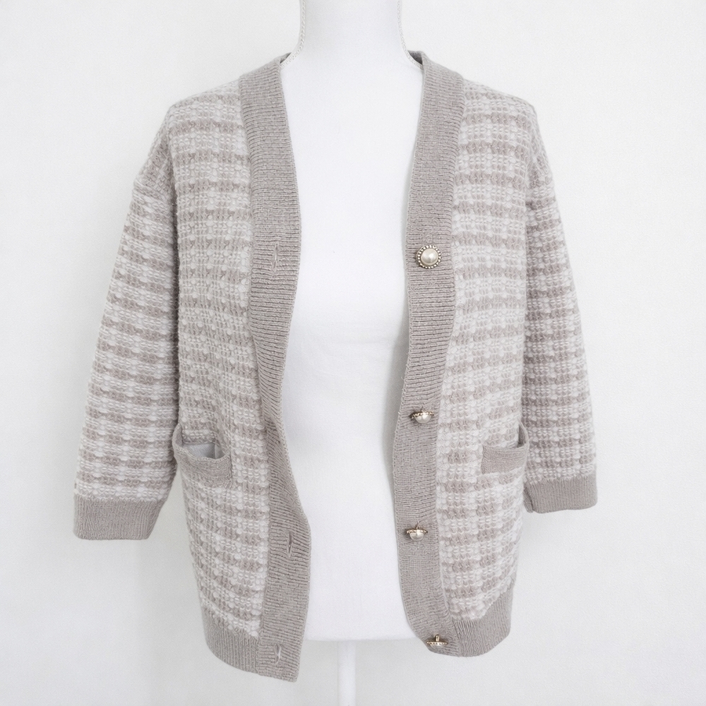 BABATON Lacer Cardigan 100% Merino Wool Grey White Tweed Knit Size S
